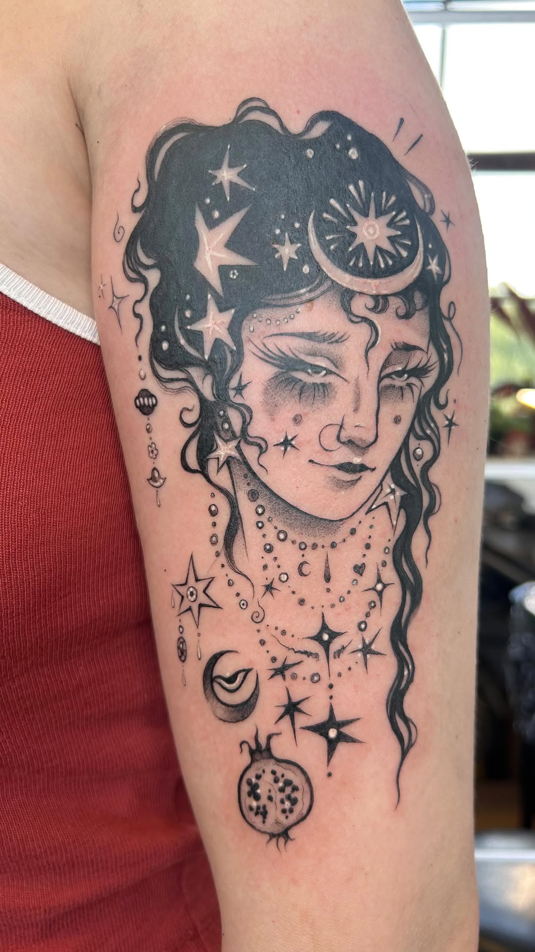Whimsical celestial portrait with stars and moon, delicate linework.