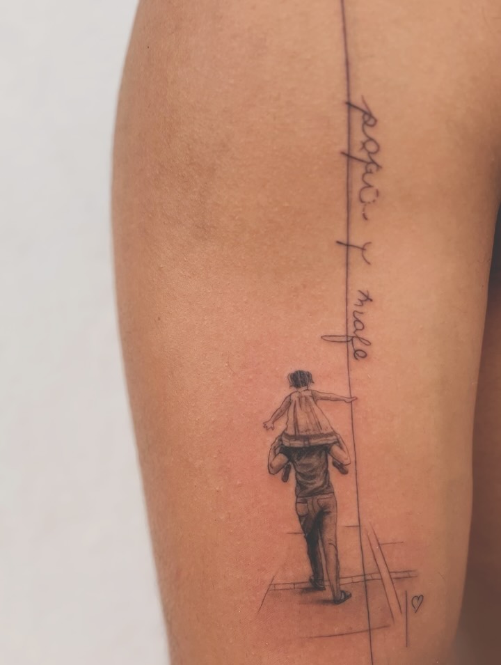 Delicate fineline scene of father carrying child aloft