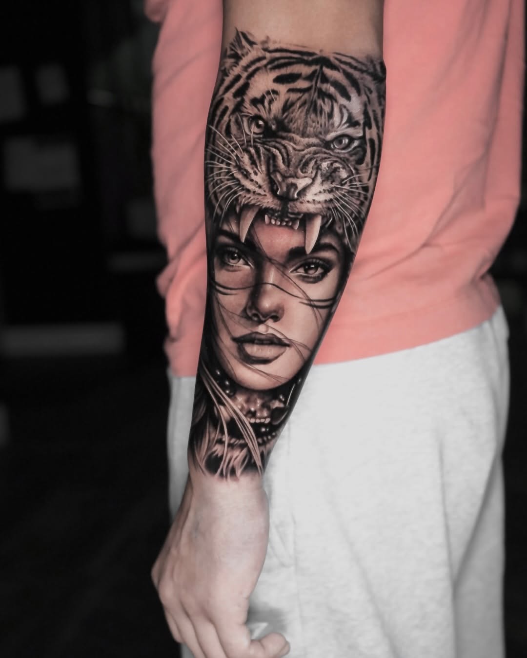 Photorealistic tiger over a delicate feminine portrait