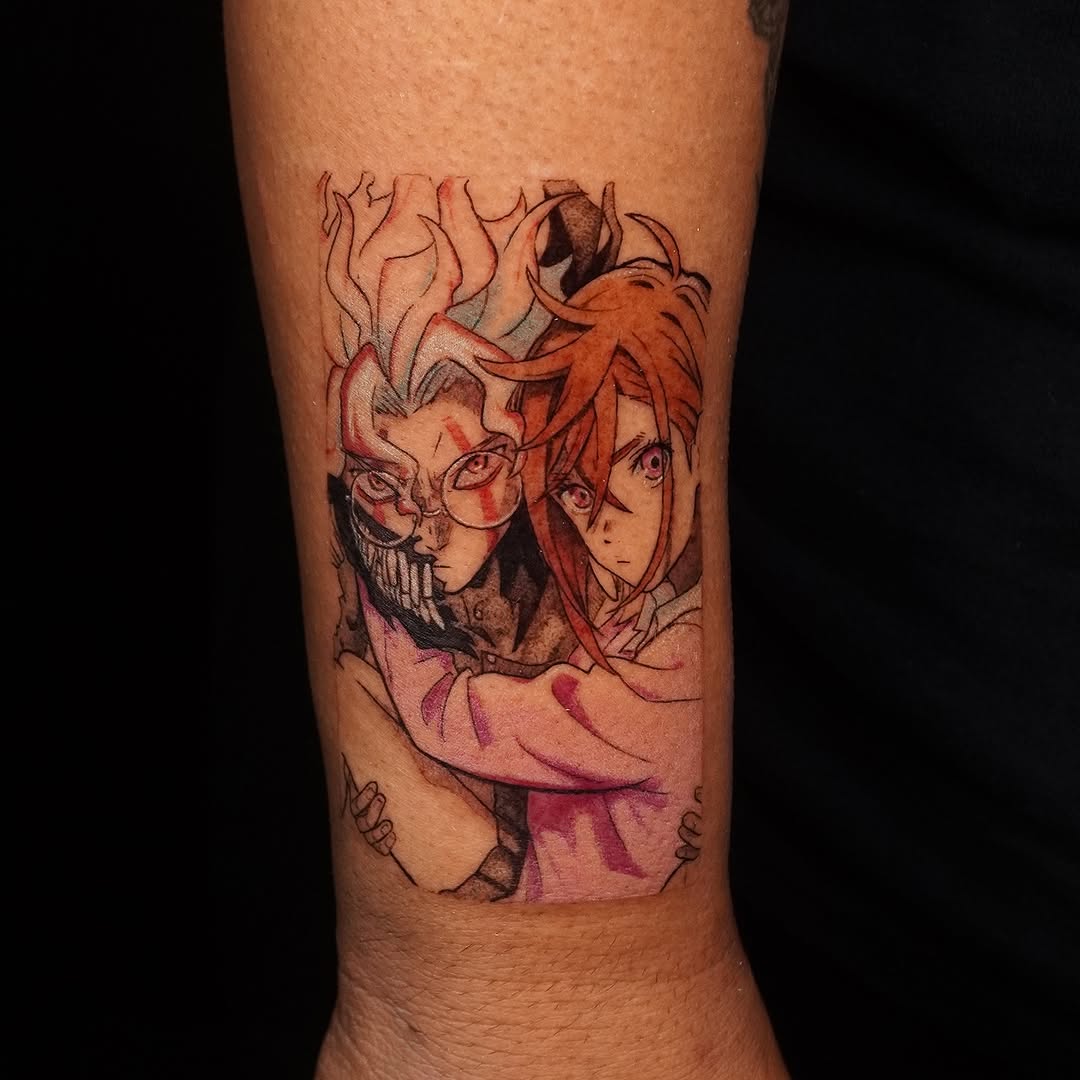 Dynamic anime duo embrace with bold linework and color.