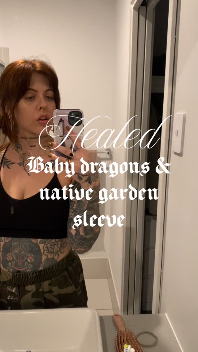 Bold native flora-inspired sleeve with dragon accents in blackwork