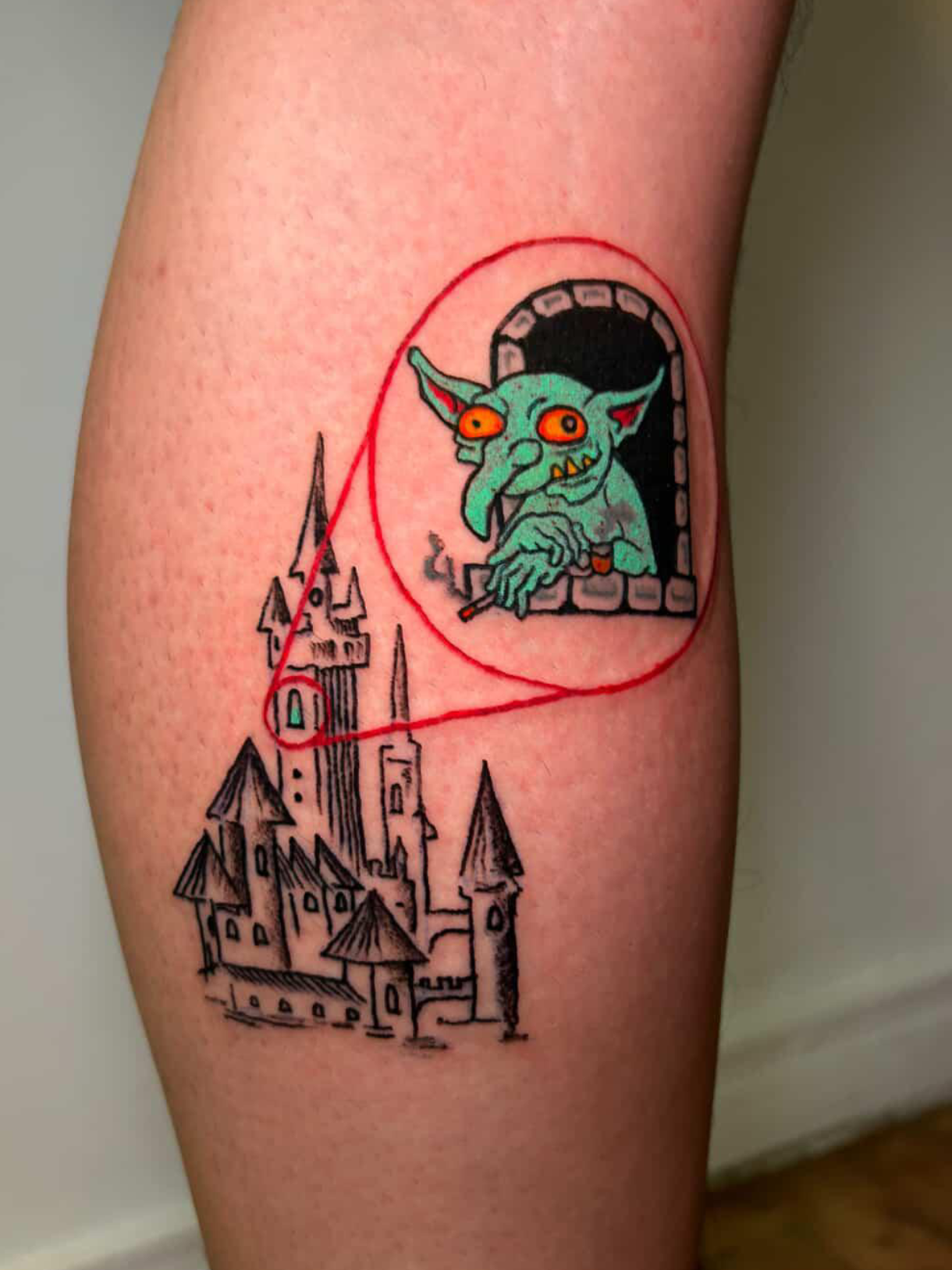 Whimsical green goblin peering from a castle window.