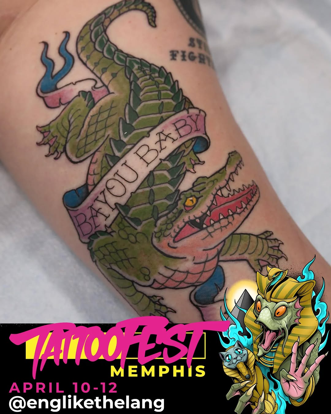 Cartoonish neo-traditional crocodile wrapped in banner