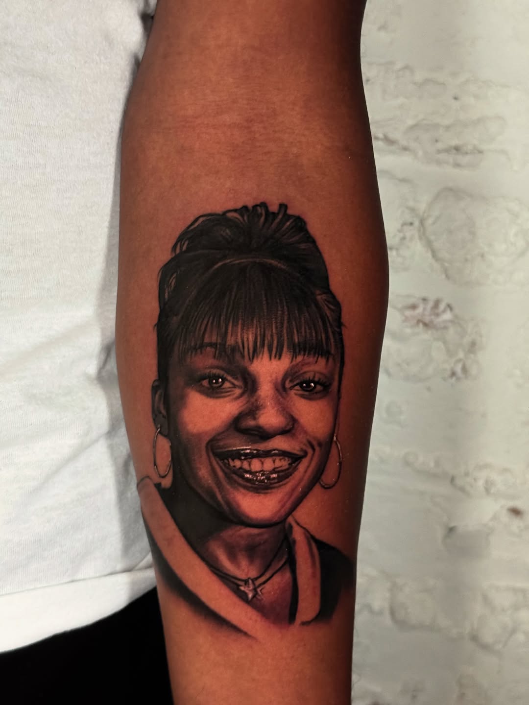 Hyperreal grayscale portrait of smiling woman with braces