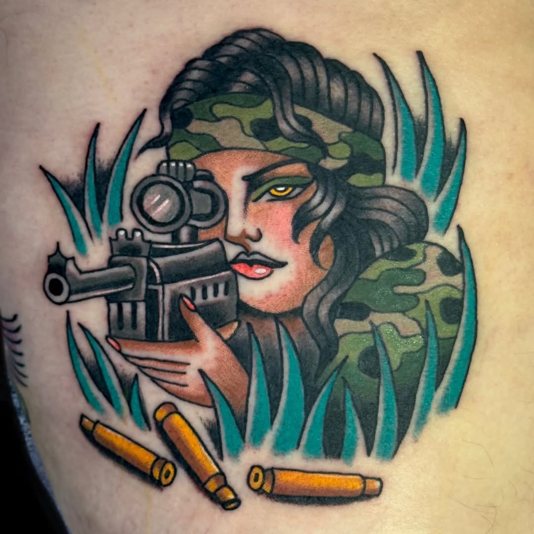 Bold traditional-style sniper woman with camo bandana and rifle