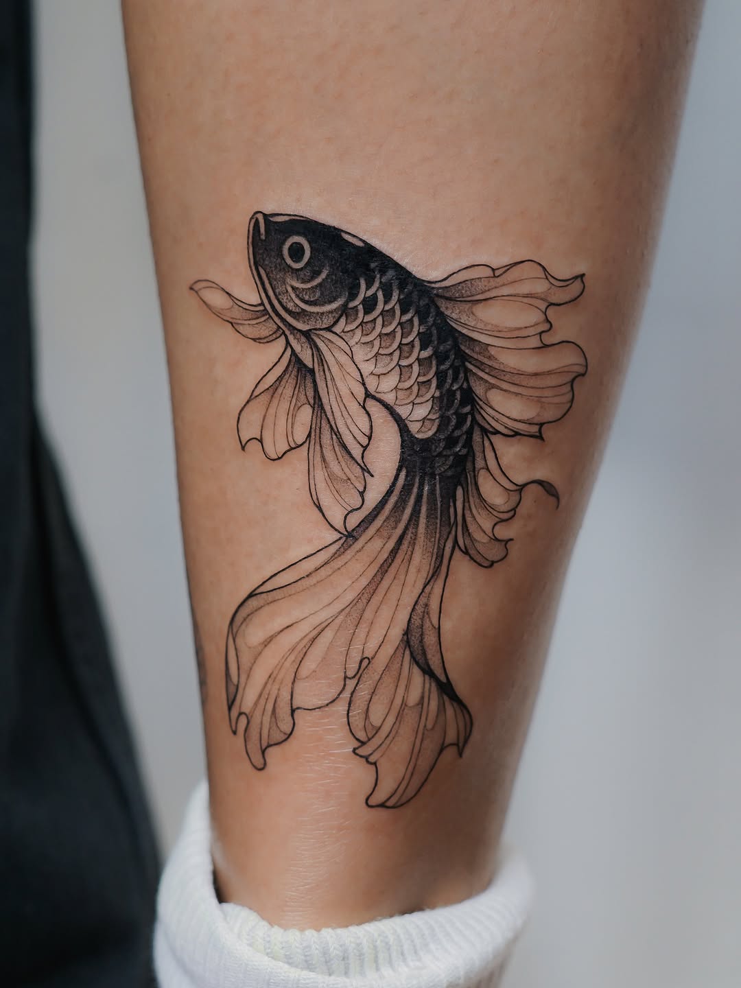 Elegant koi in bold linework with flowing fins