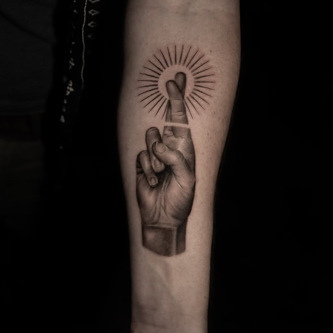 Hyper-realistic grayscale hand with radiant sunburst halo