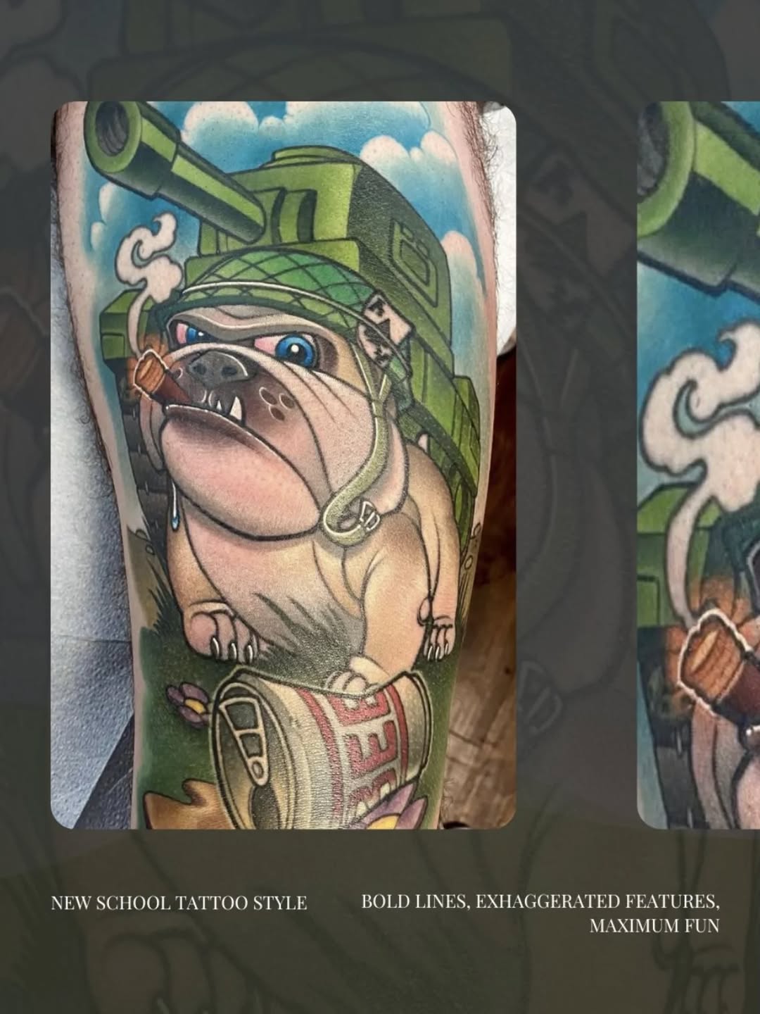 Bold neo-traditional bulldog wearing a tank helmet, vivid colors