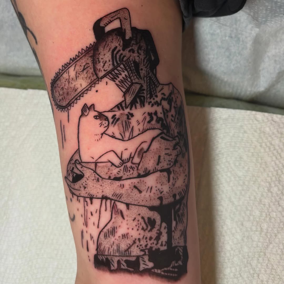 Bold black-line illustration of a cat inside a chainsaw frame