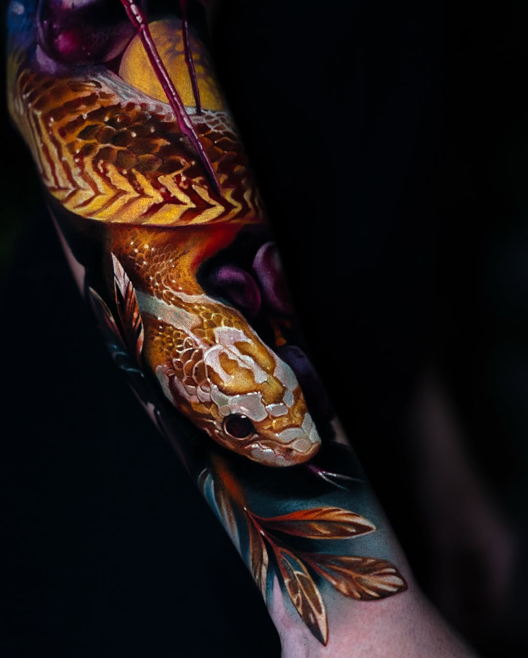 Vibrant hyperrealistic snake with lush leaves, bold shading