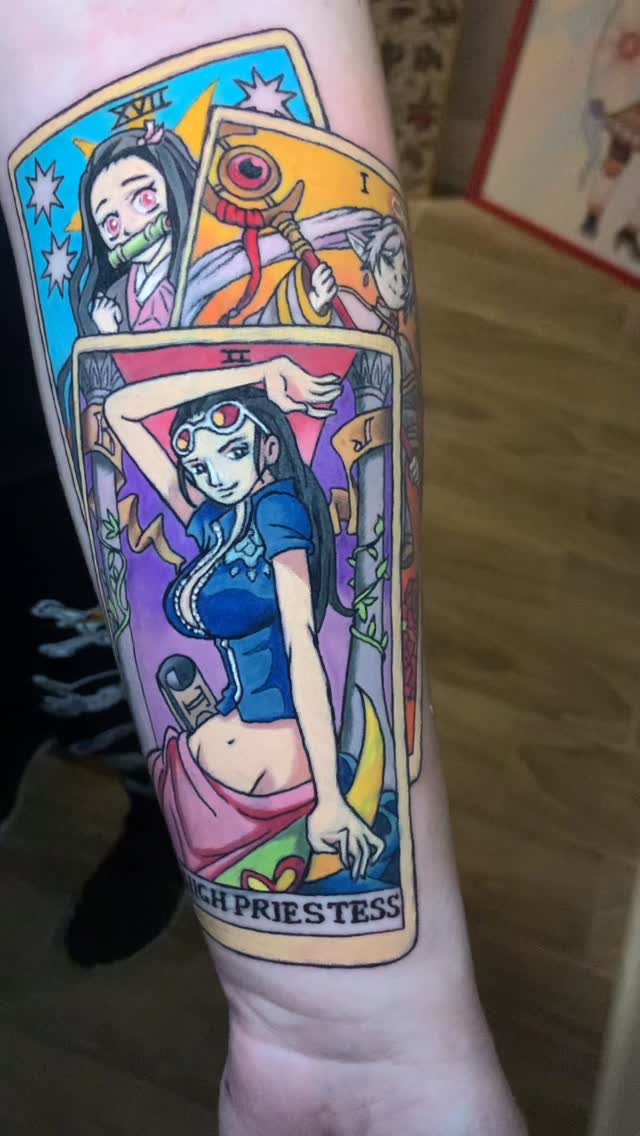 Bold anime-tarot card sleeve with High Priestess centerpiece