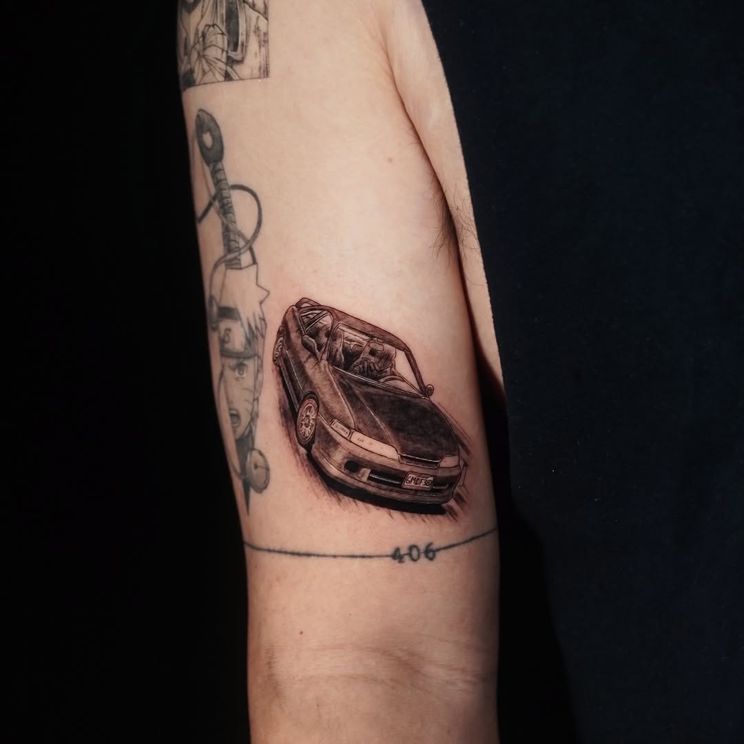 Hyper-detailed black-and-gray car with dynamic motion