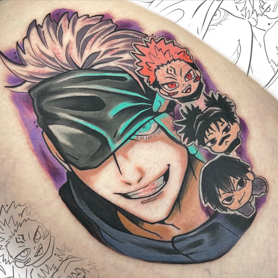 Bold anime Gojo portrait with mini chibi companions