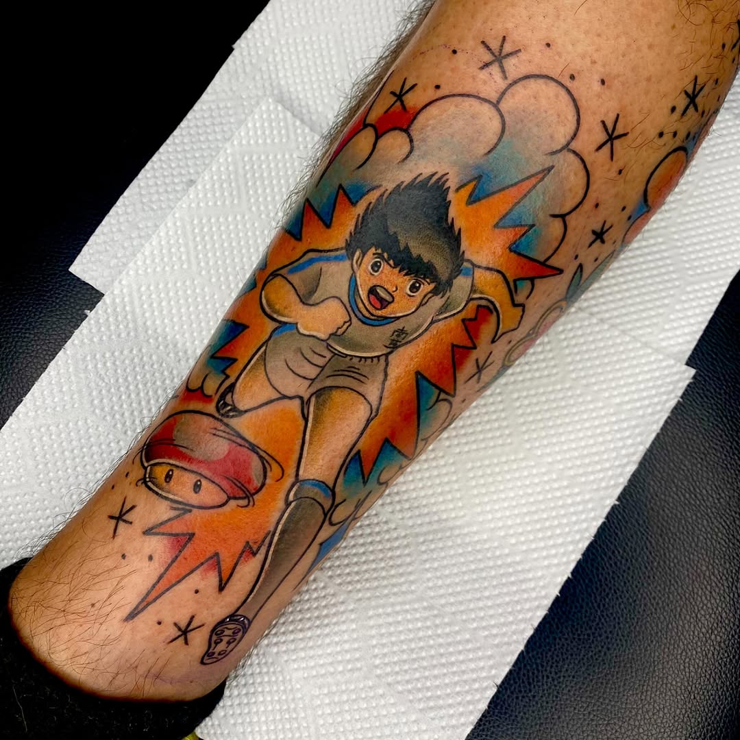 Vibrant manga-style soccer hero leaping with explosive color