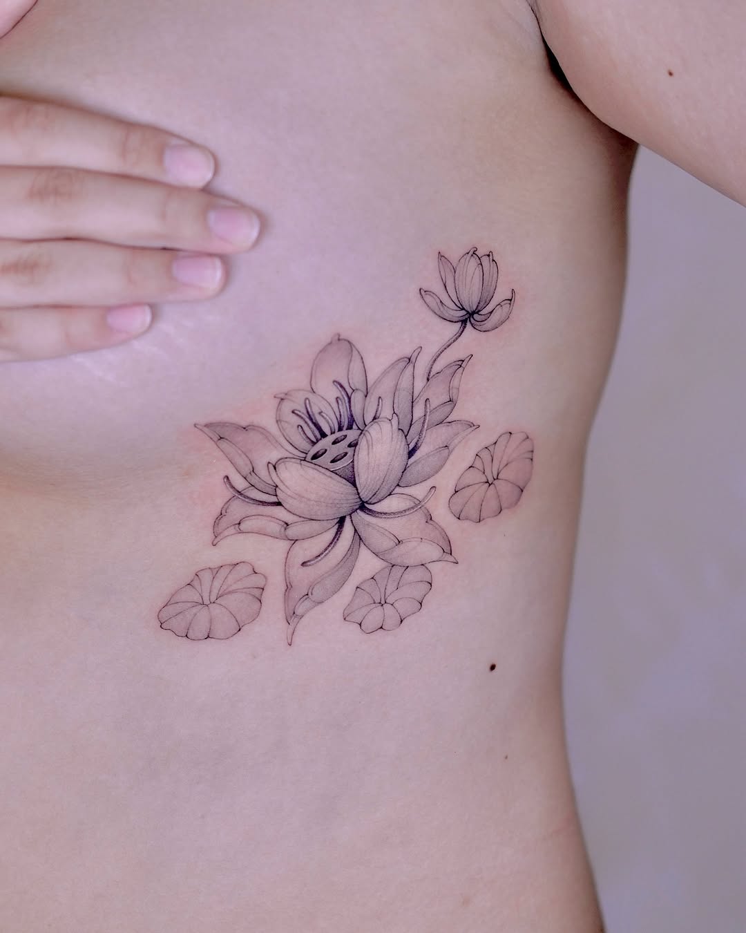 Delicate fine-line lotus with soft shading along ribs.