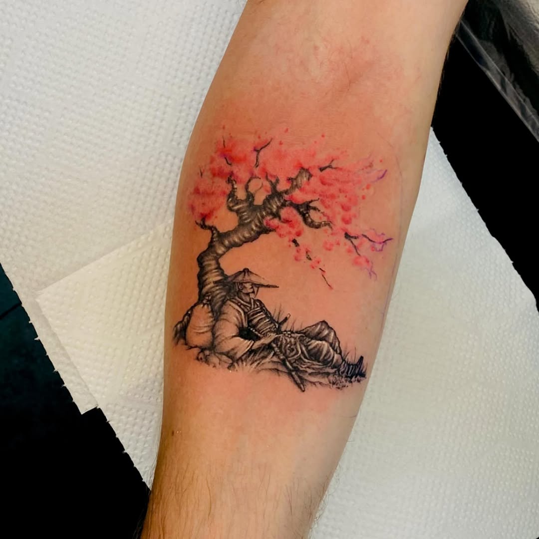 Resting traveler beneath cherry blossoms, with a rocky base.