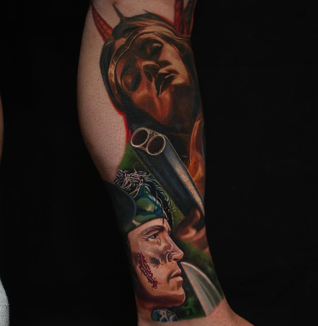 Vibrant color-realism portrait with a gun on forearm