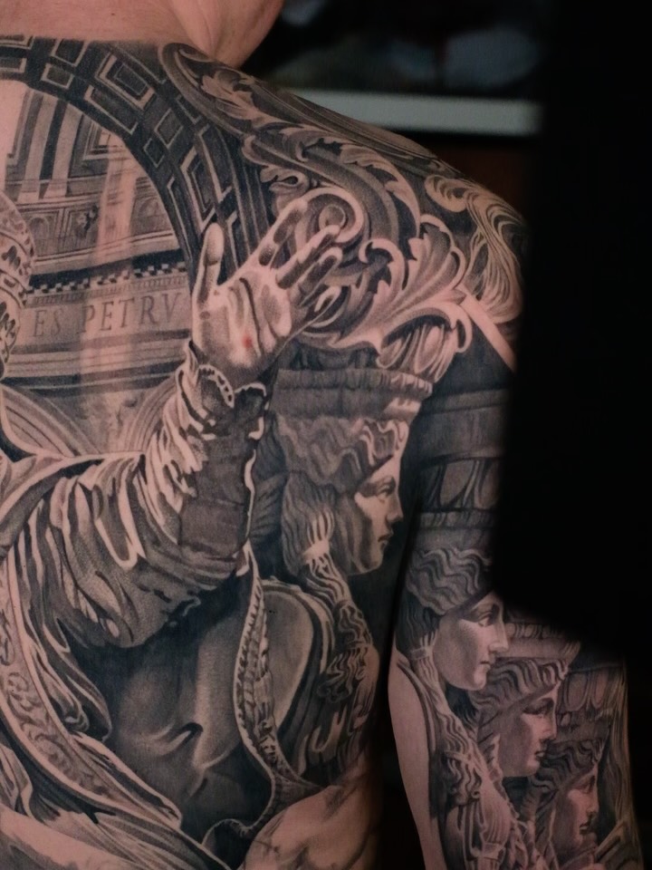 Classical grayscale sleeve with sculptural figures and angels