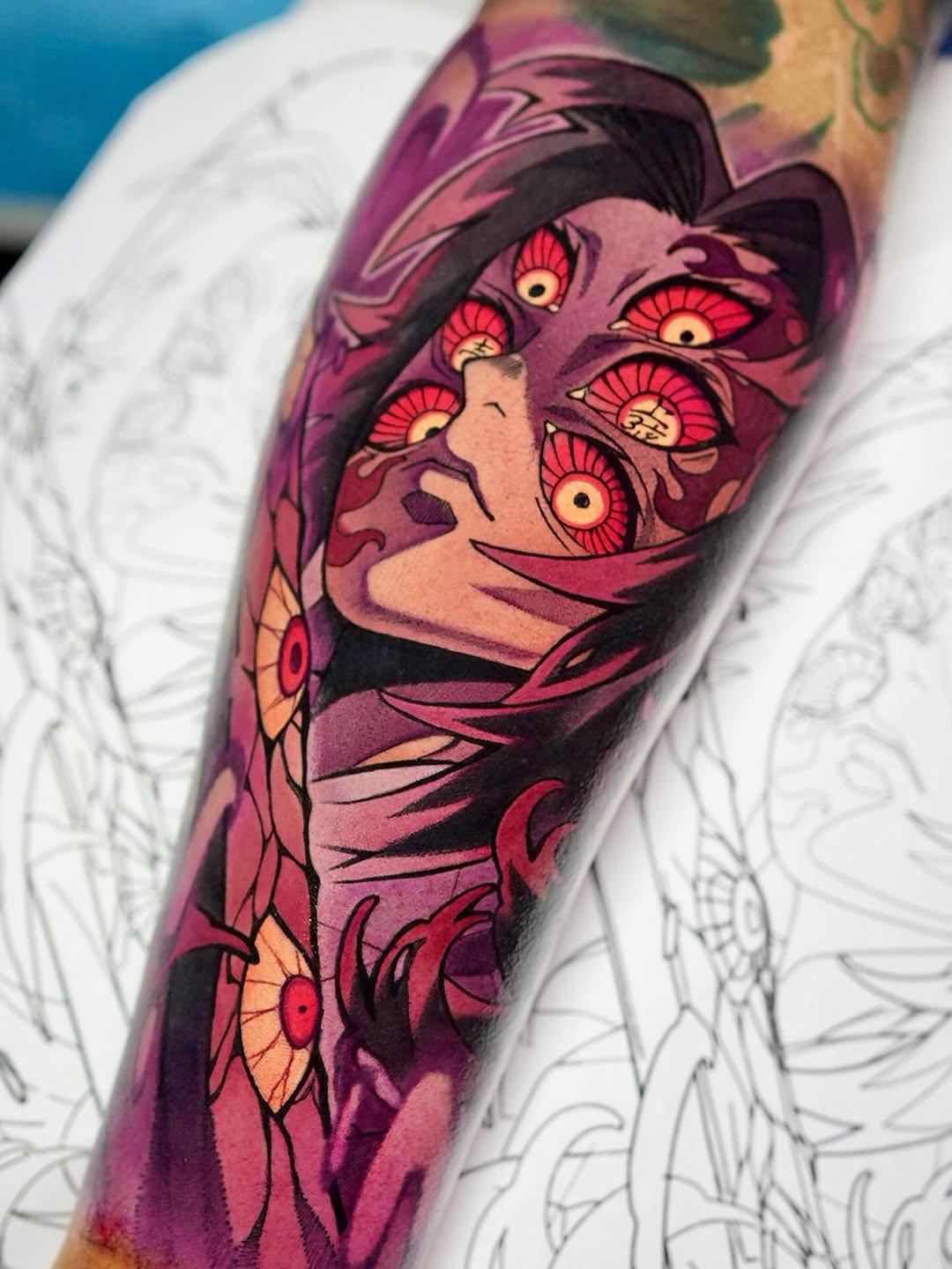 Vivid neo-traditional anime demon with multiple red eyes