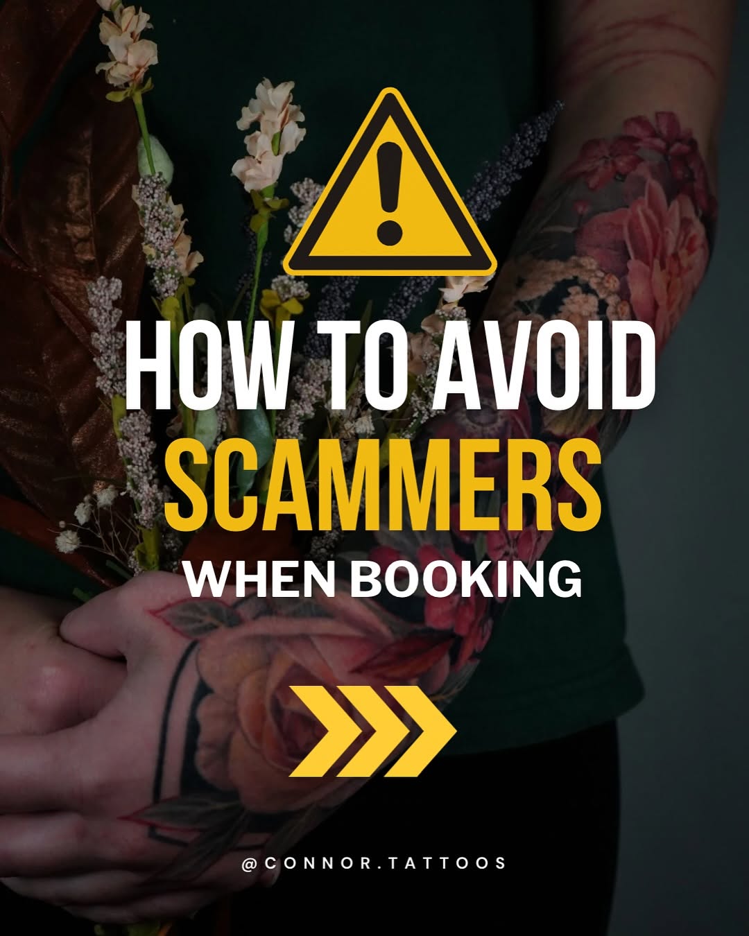 Vibrant botanical floral forearm tattoo in bold colors.