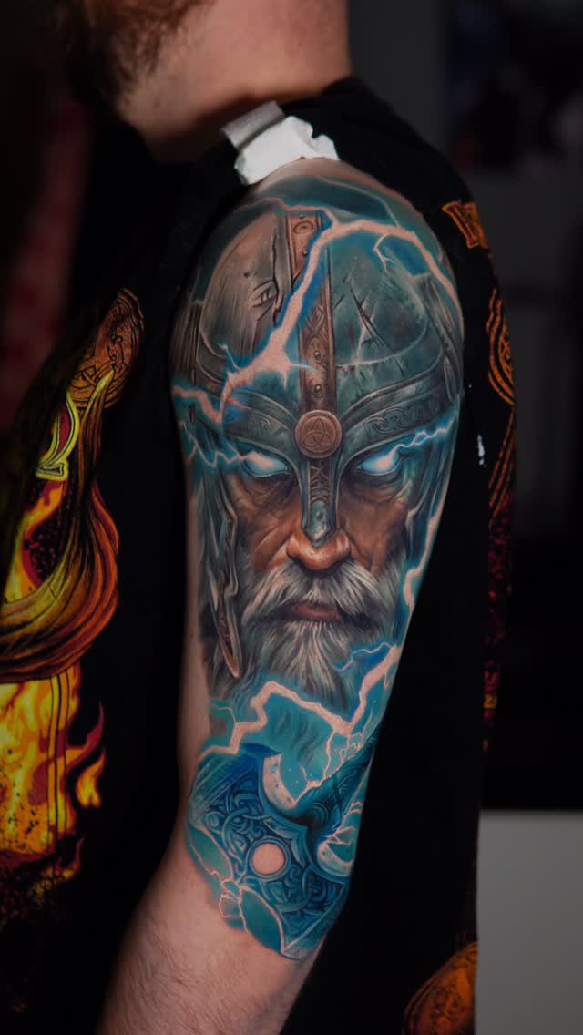 Vivid neo-traditional Thor portrait with electric blue lightning