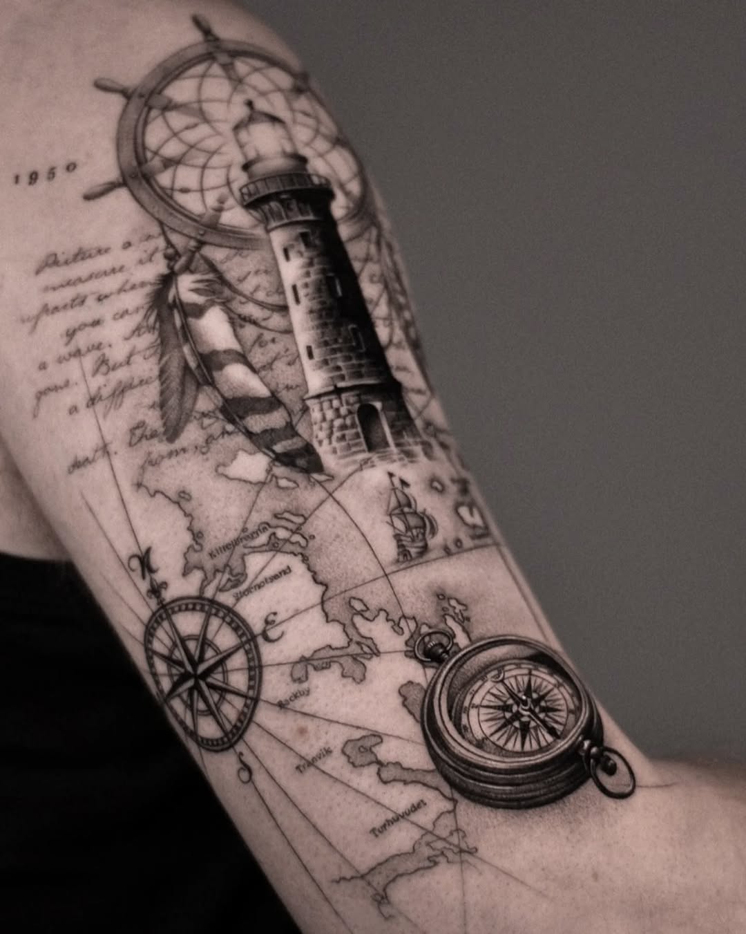 Intricate nautical map featuring lighthouse, compass, ships