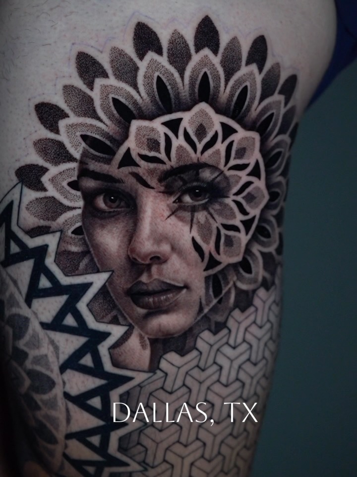 Expressive female portrait fused with intricate mandala, dotwork