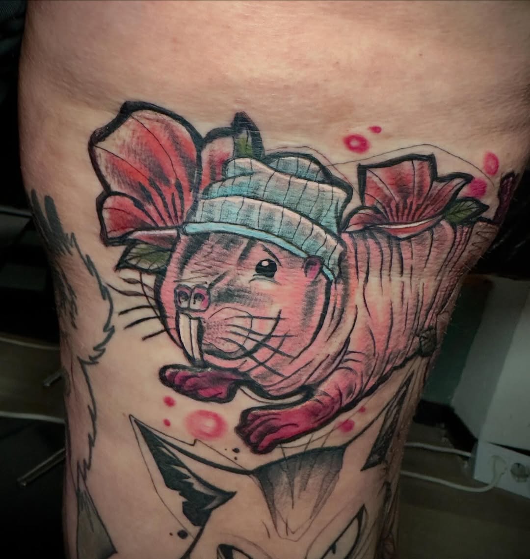 Playful pig in teal beanie amid bold floral backdrop