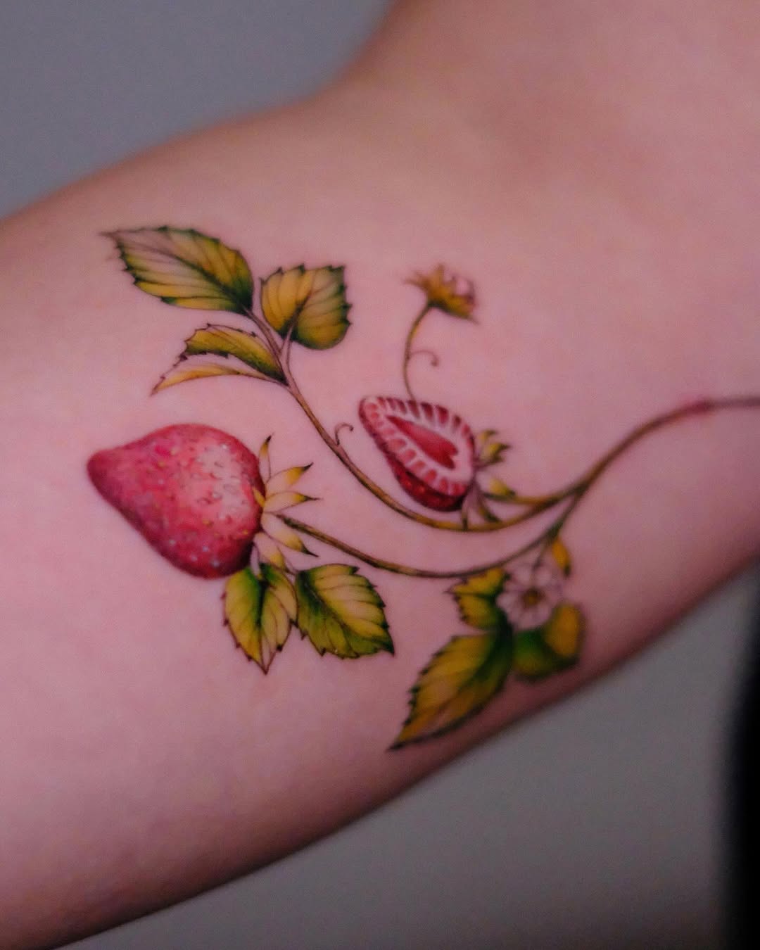 Delicate botanical strawberry vine with vivid fruit