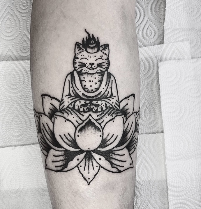 Meditative cat on a blooming lotus with bold linework