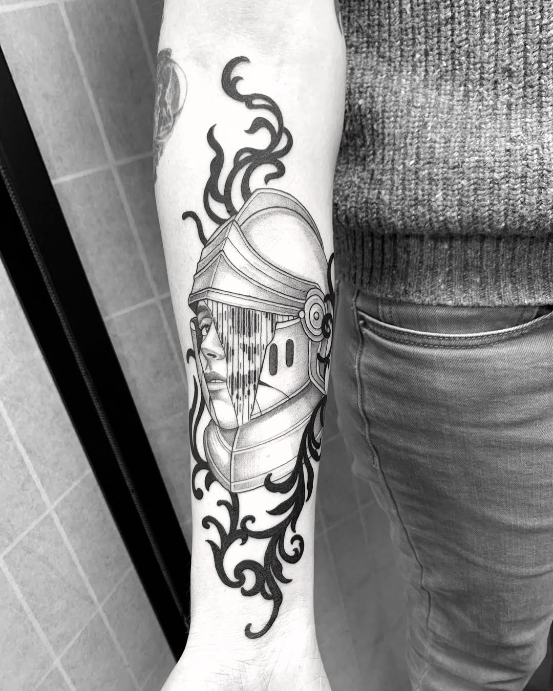 Medieval knight helm with flowing black flames, bold linework.