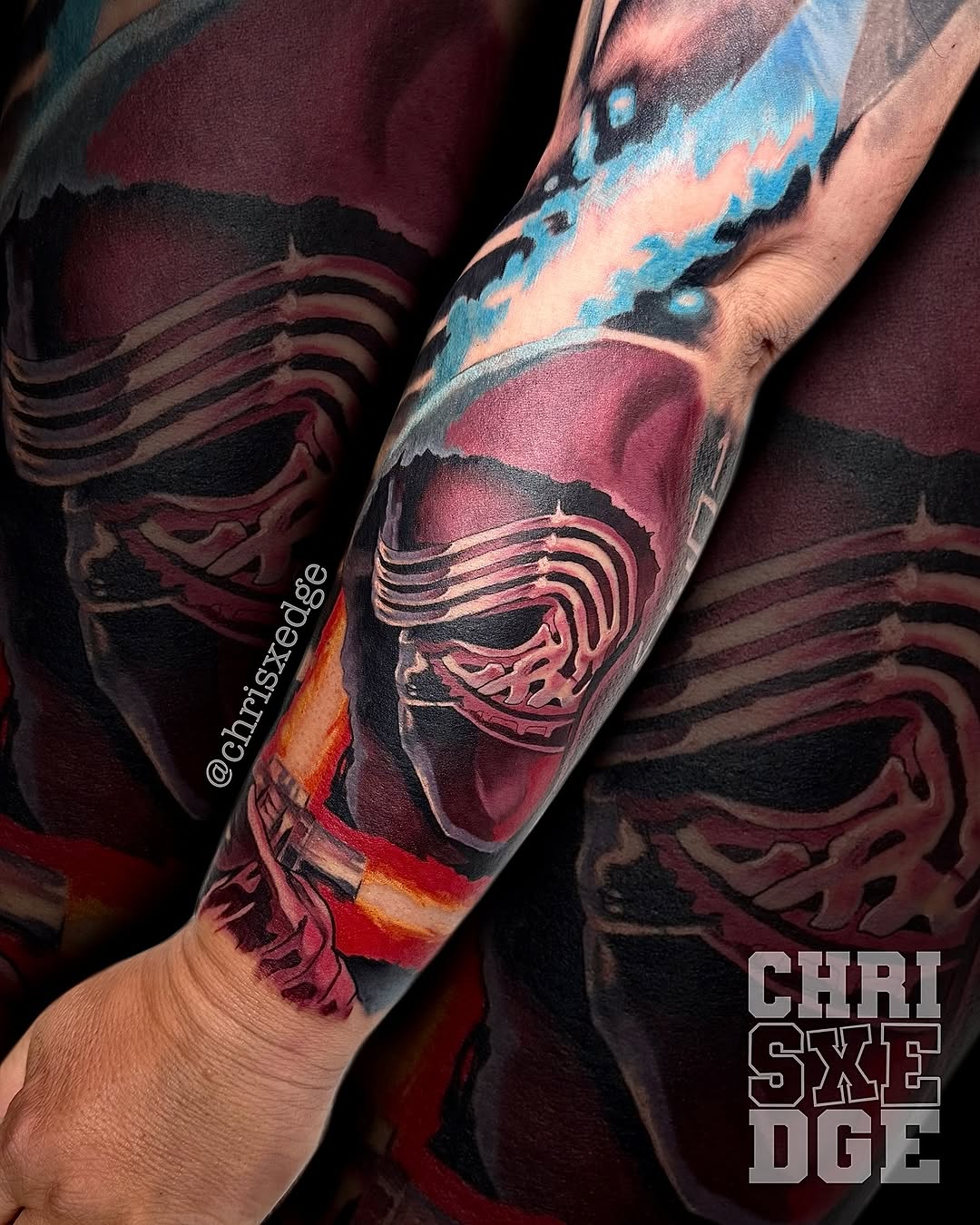 Kylo Ren helmet-inspired skull tattoo with bold color