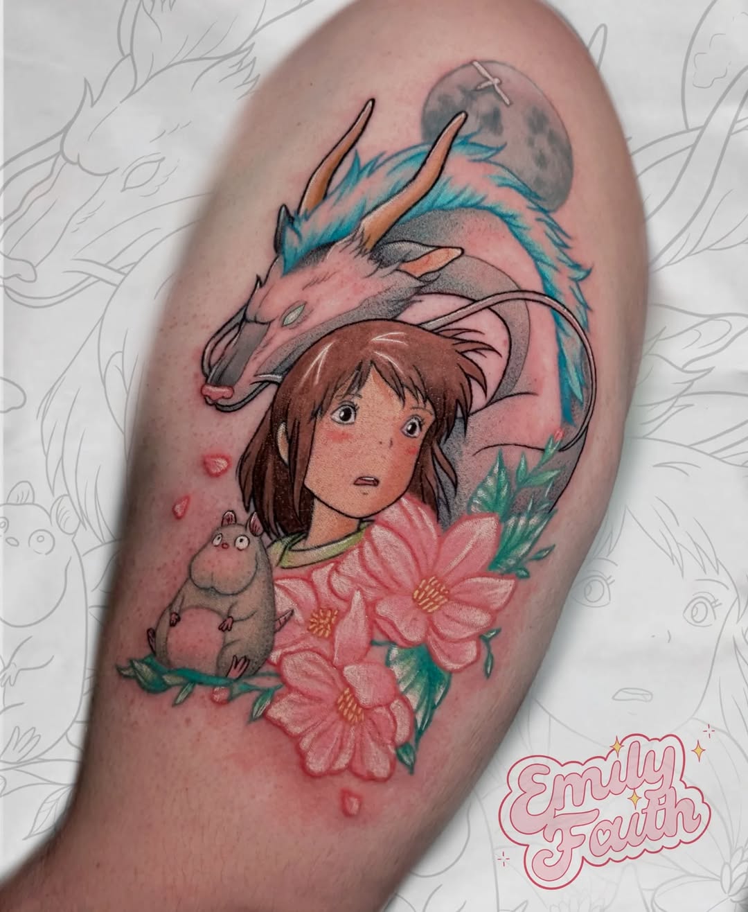 Vibrant Spirited Away homage: Chihiro with Haku's dragon and blossoms