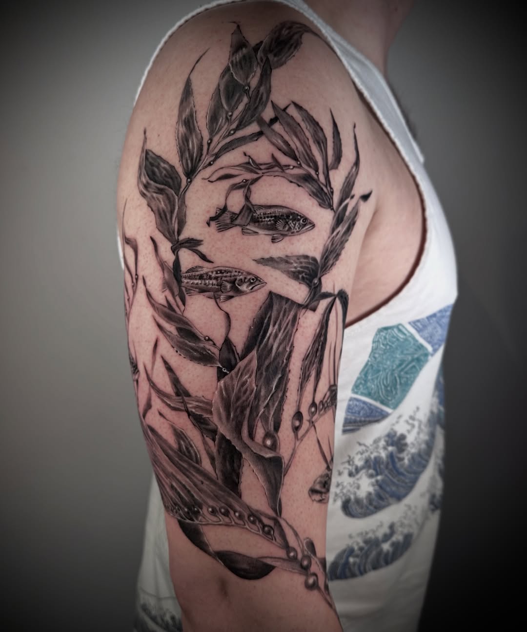 Intricate black-and-gray kelp forest with leaping leopard sharks