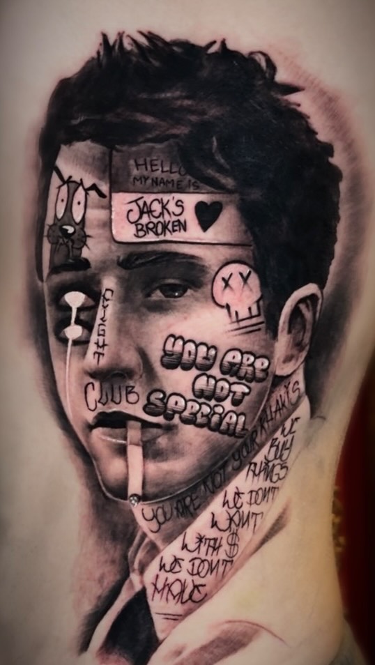 Realistic grayscale portrait overlaid with graffiti-style text