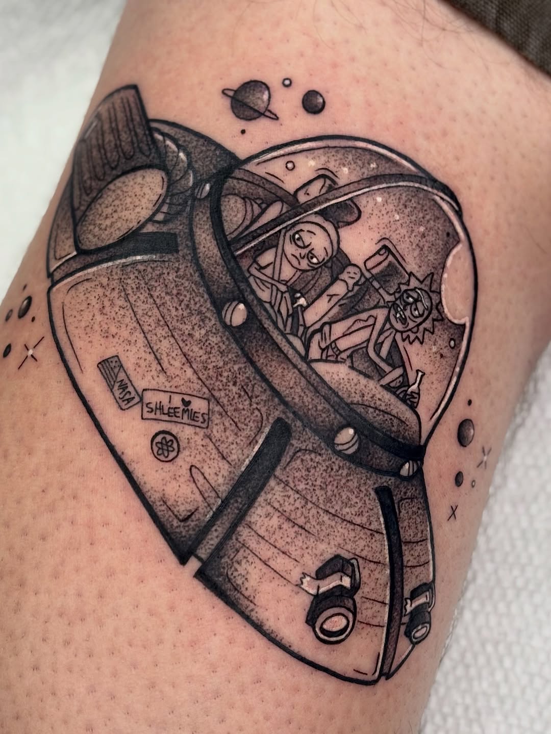 Playful Rick-and-Morty spaceship scene in bold linework.