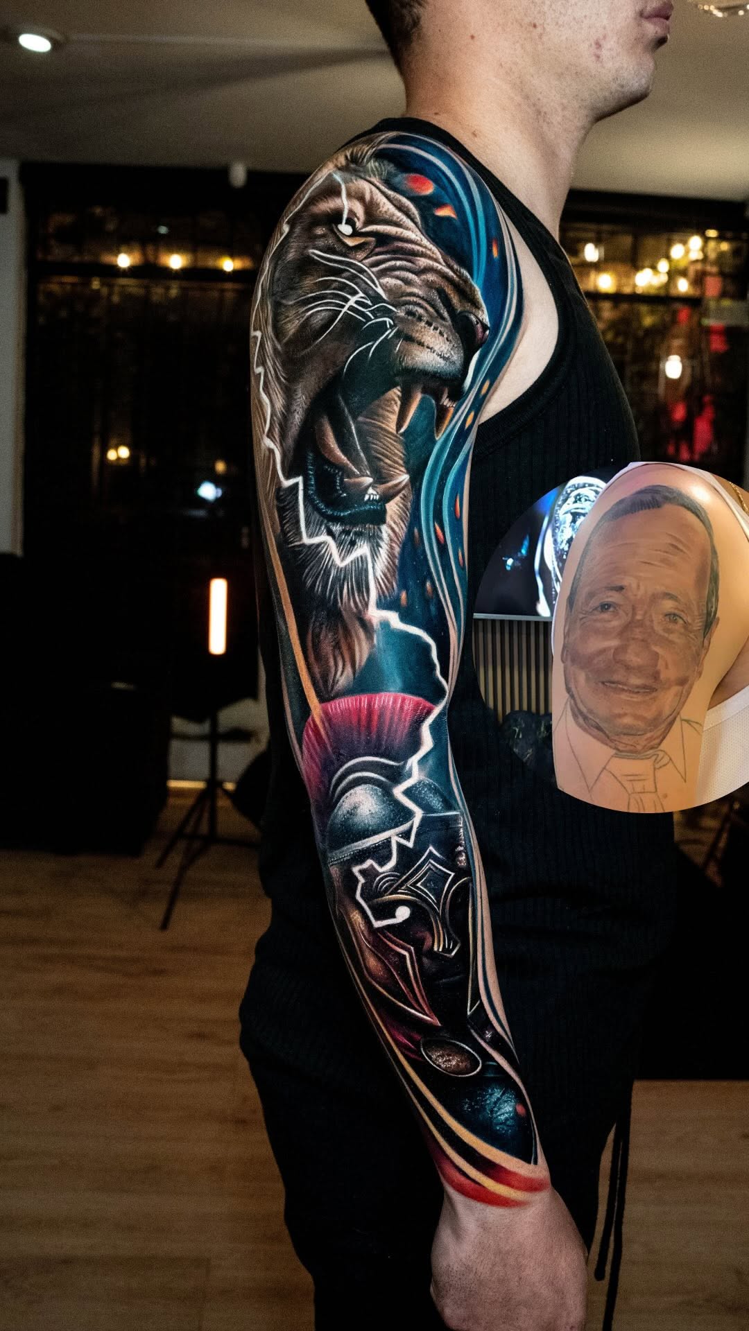 Hyper-real tiger head sleeve with electric blue aura.