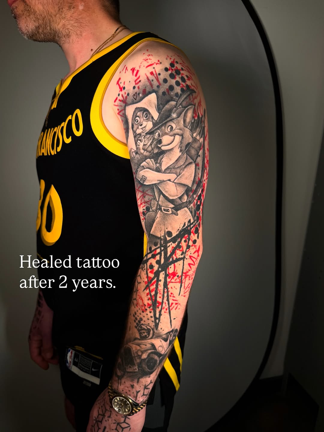 Robin Hood-inspired cartoon duo with red splash background