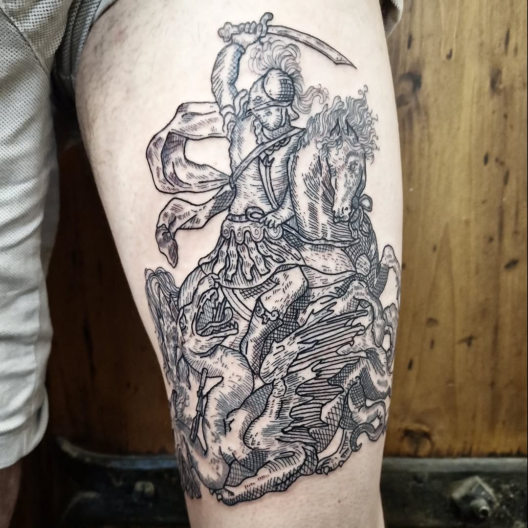 Engraving-style knight in armor atop a rearing horse, crosshatched shading