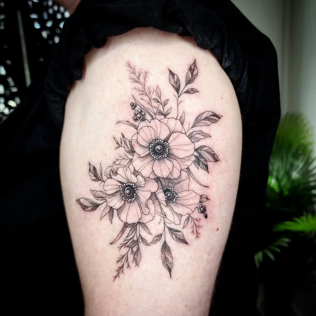 Intricate fine-line botanical bouquet with delicate petals.