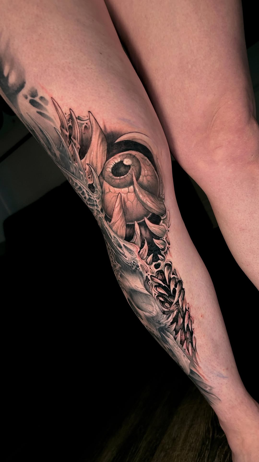 Dark surreal eyeball motif with flowing organic forms