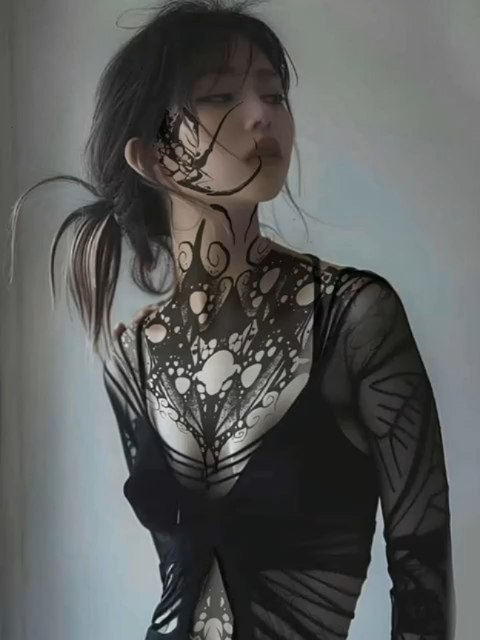 Intricate blackwork chest piece with lace-like biomorphic patterns