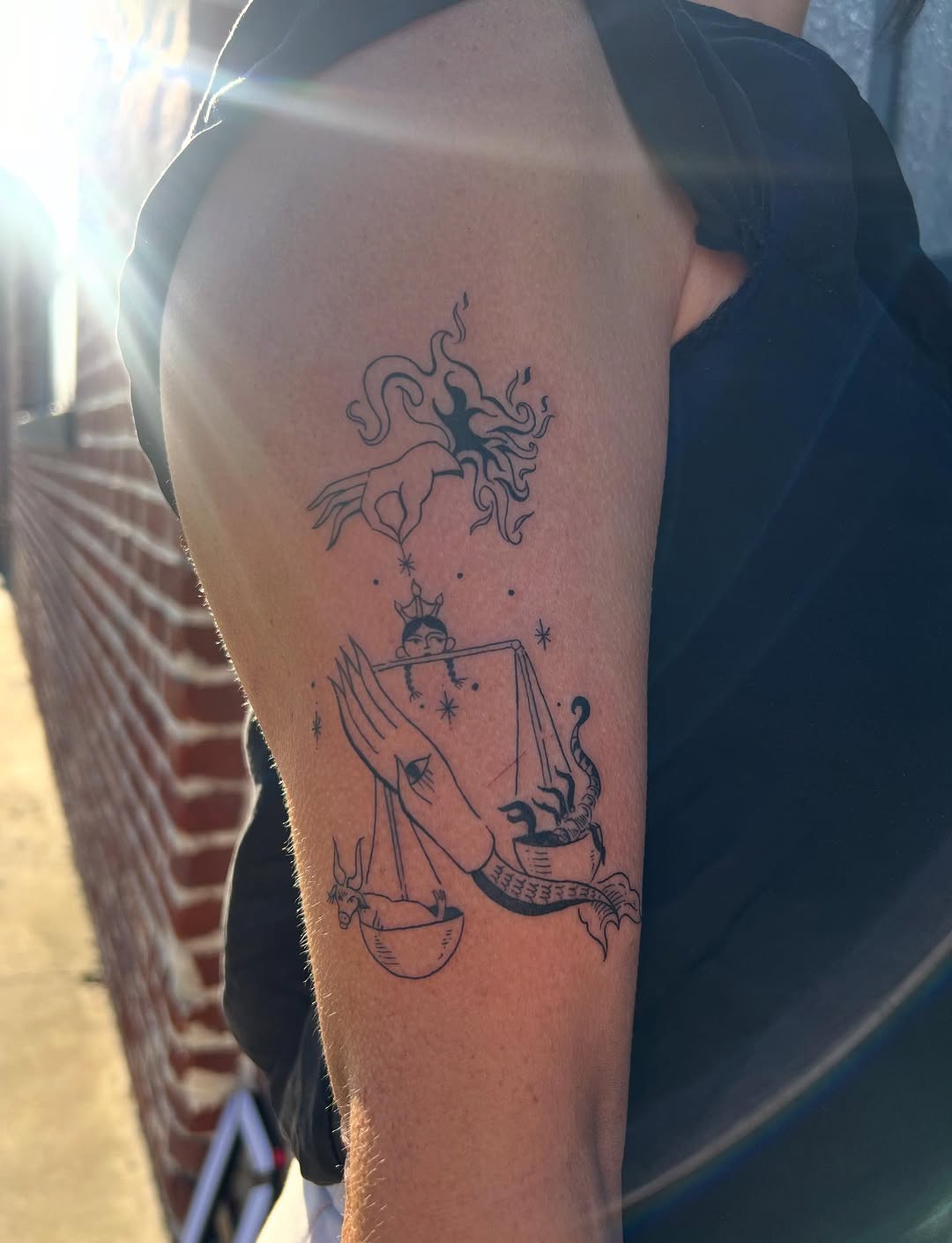 Whimsical line-art celestial scene with dragon and crowned figure