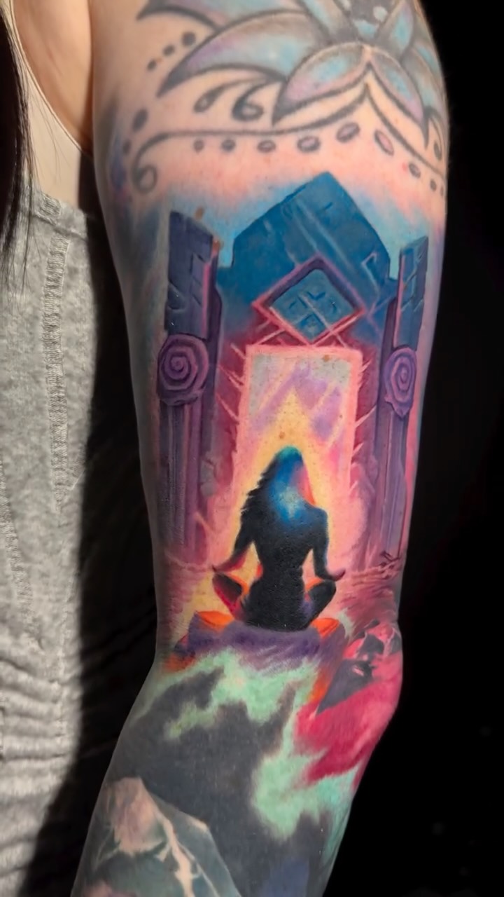 Silhouette meditating figure before radiant portal, neon glow.