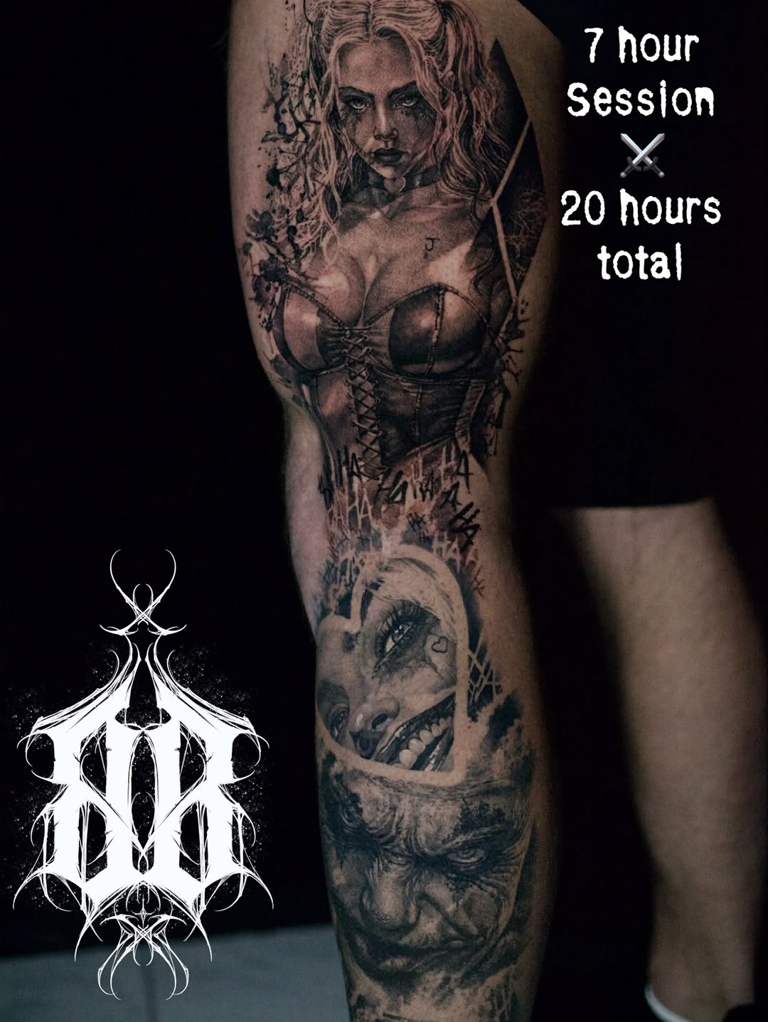 Intricate black-and-gray leg sleeve with female portrait