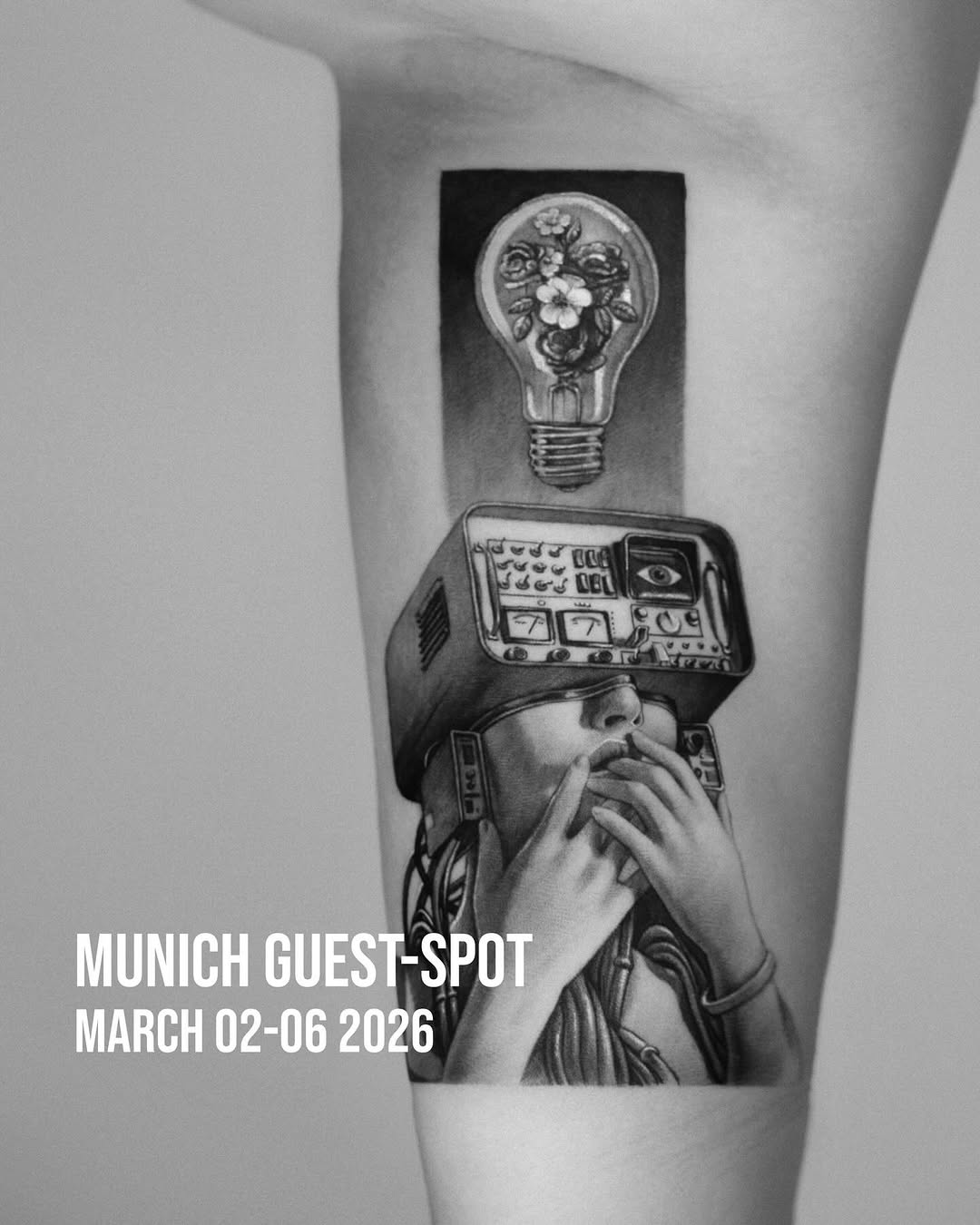 Surreal black-and-gray piece: lightbulb with flowers