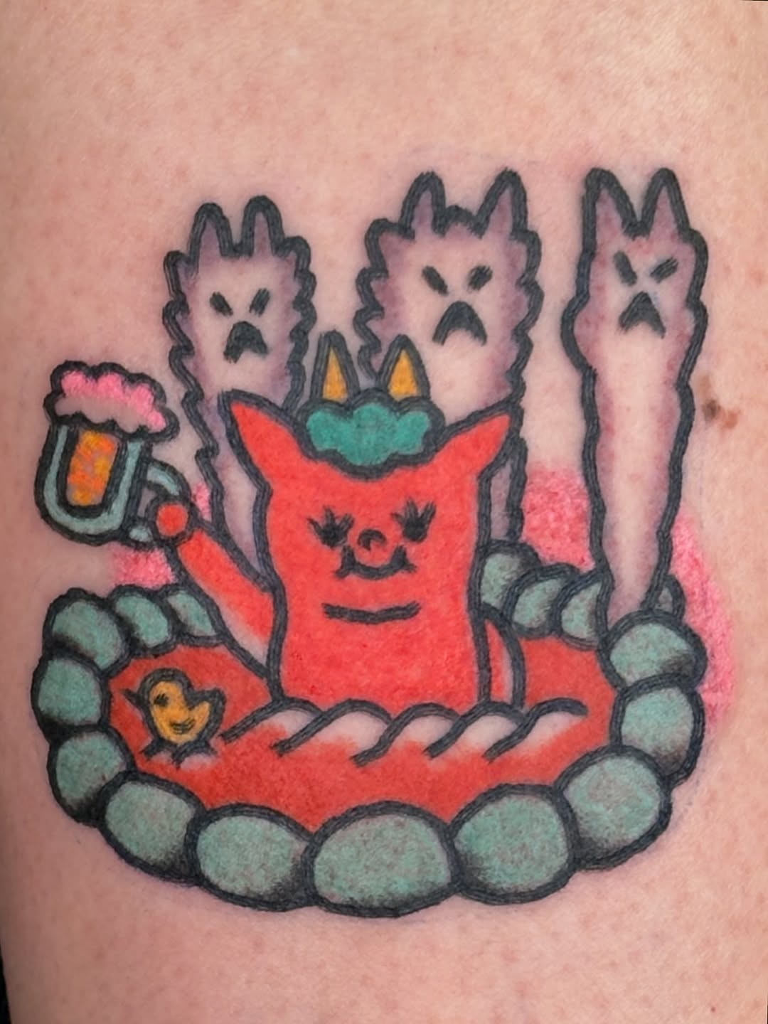 Bold cartoon lava demon in a hot spring scene