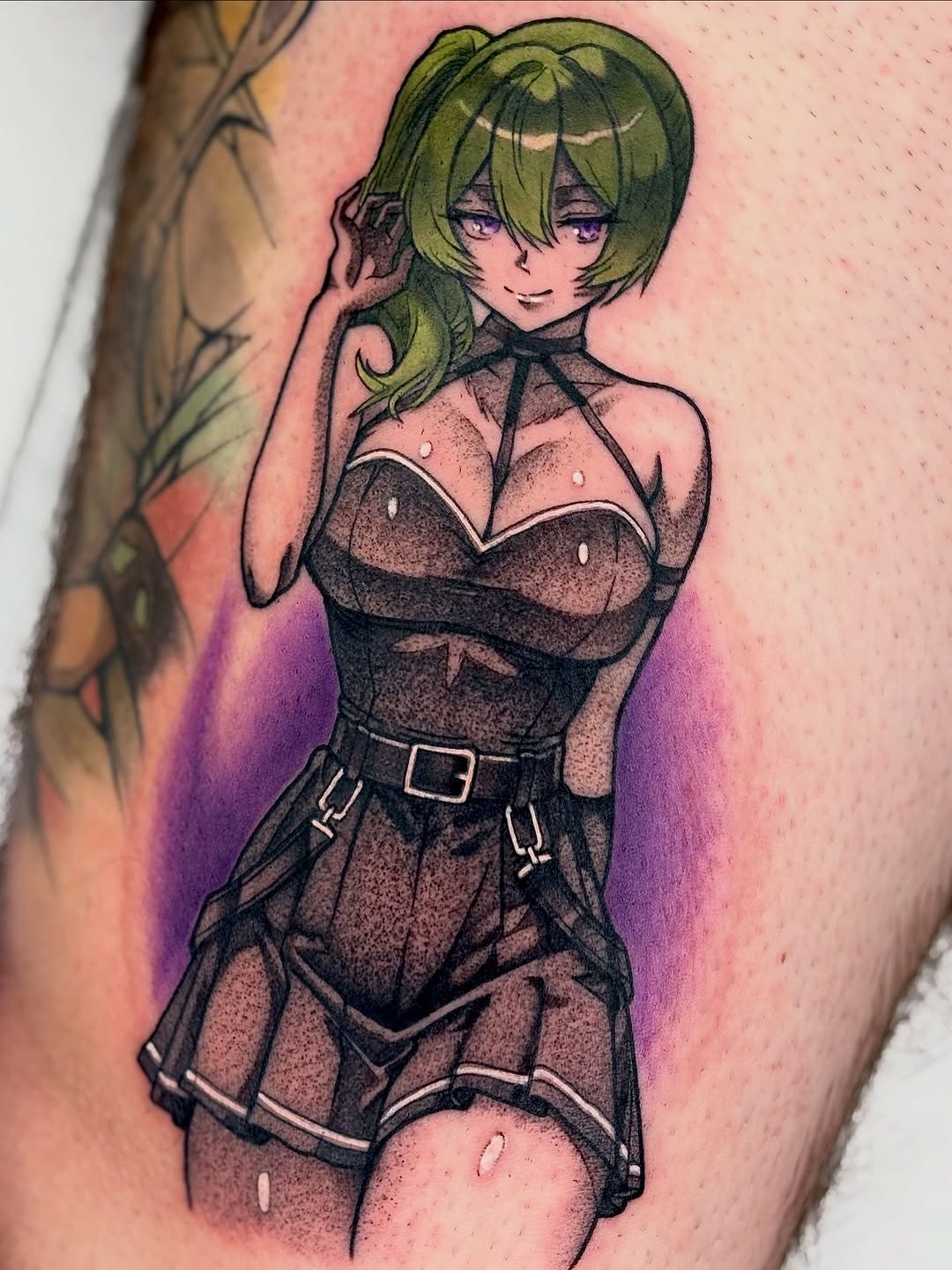 Vivid anime-inspired femme in sheer black outfit, thigh tattoo