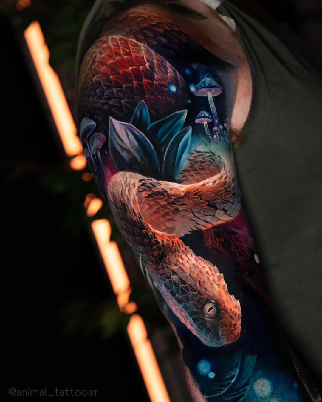 Hyper-realistic serpent with iridescent scales amid luminous flora.