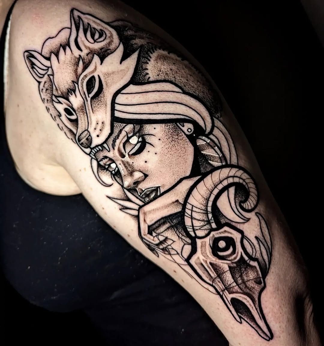 Bold blackline neo-traditional female figure with wolf headdress